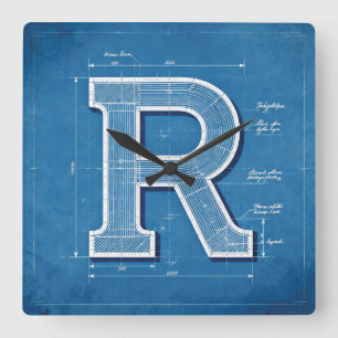 Blaupause-Monogramm Buchstabe R Quadratische Wanduhr