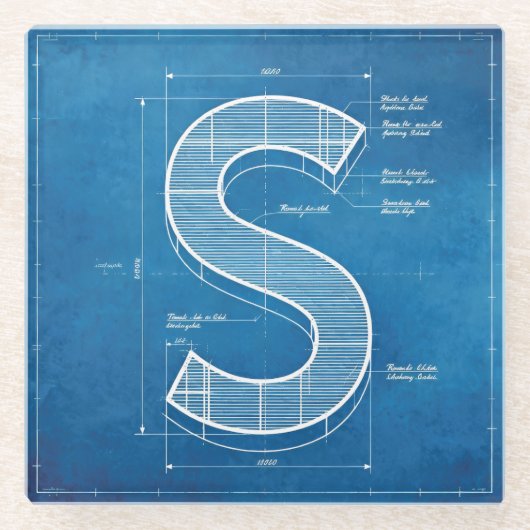Blaupause-Monogramm Buchstabe S Glasuntersetzer (Vorderseite)