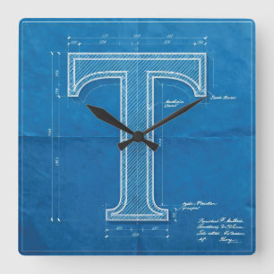Blaupause-Monogramm Buchstabe T Quadratische Wanduhr