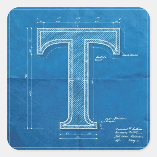 Blaupause-Monogramm Buchstabe T Quadratischer Aufkleber (Vorderseite)