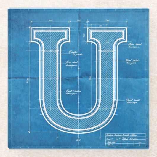 Blaupause-Monogramm Buchstabe U Glasuntersetzer (Vorderseite)