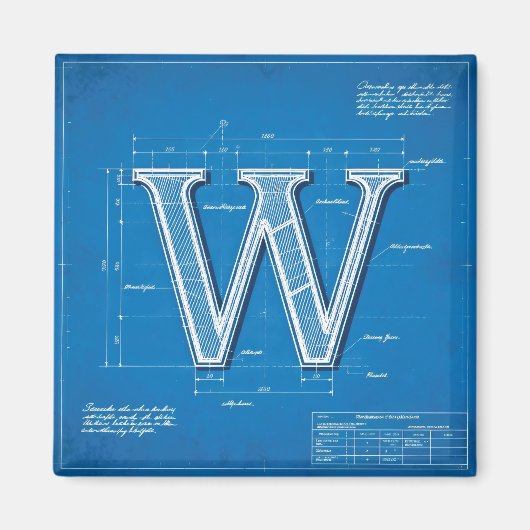 Blaupause-Monogramm Buchstabe W Magnet (Vorne)