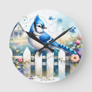 Blauraben-Cottage-Garten-Zaun-Szene Runde Wanduhr