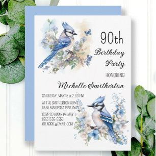 Blauraben-Vogel-Blumen-Frühling 90. Geburtstag Einladung