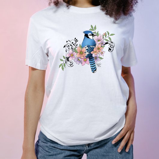 Blauraben-Vogelfrühlingsblumen-Naturillustration T-Shirt
