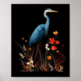 Blaureiher-Blumen-Wildblumen-Vogelbeobachtung Poster