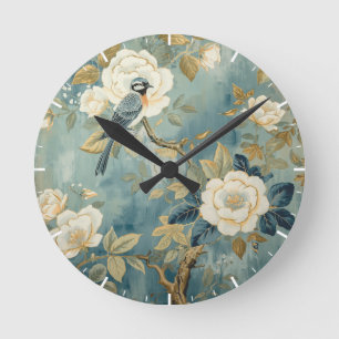Blaureiher-Cream-Weiße-Blumen-Malerei  Runde Wanduhr
