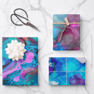 Blaurosa Aquamarine violette Wasserfarben Abstrakt Geschenkpapier Set