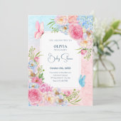 Blaurosa Aquarell Blume Babydusche Einladung (Stehend Vorderseite)