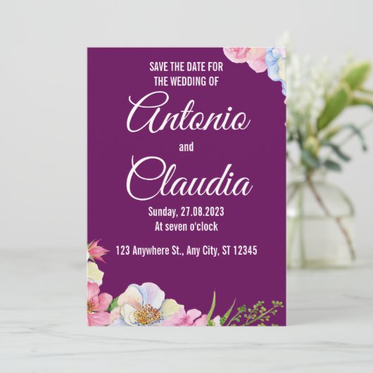 Blaurosa Aquarellfarben-Blume, die das Datum speic Einladung (Stehend Vorderseite)