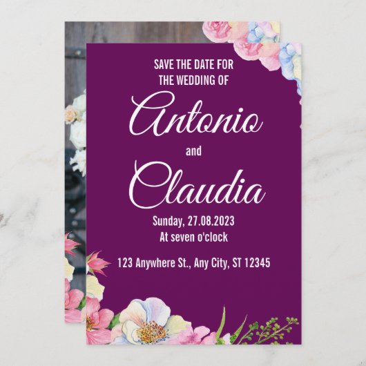 Blaurosa Aquarellfarben-Blume, die das Datum speic Einladung (Vorne/Hinten)