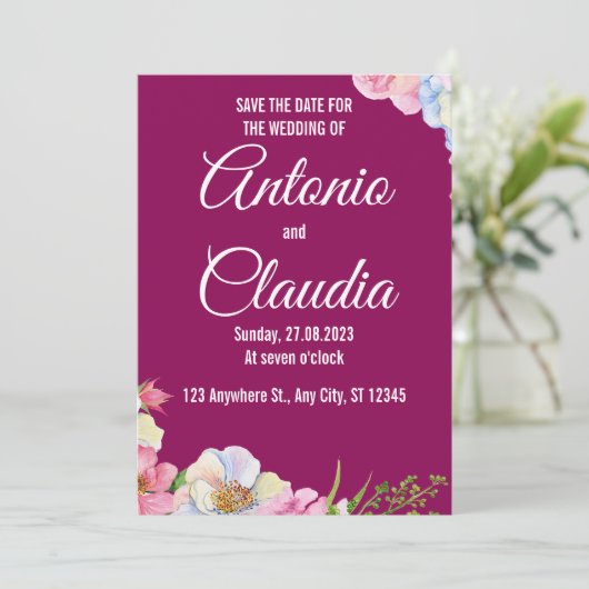 Blaurosa Aquarellfarben-Blume, die das Datum speic Einladung (Stehend Vorderseite)