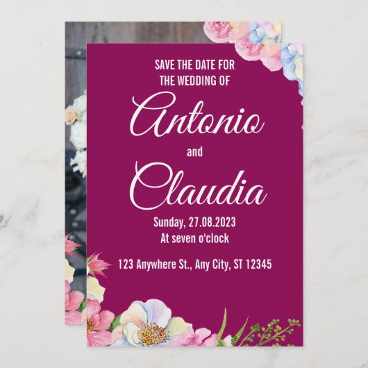 Blaurosa Aquarellfarben-Blume, die das Datum speic Einladung (Vorne/Hinten)