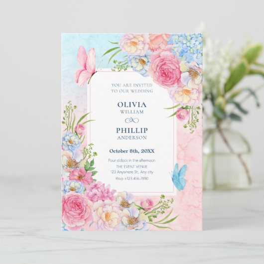 Blaurosa Blume Hochzeit Einladung (Stehend Vorderseite)