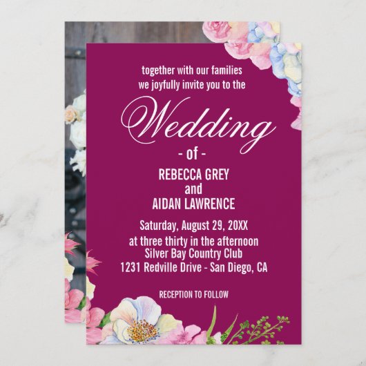 Blaurosa Blume Hochzeit Einladung (Vorne/Hinten)