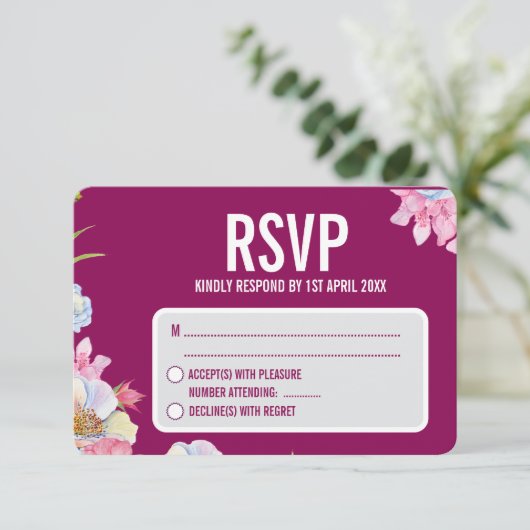 Blaurosa Blume Hochzeit RSVP Karte (Stehend Vorderseite)