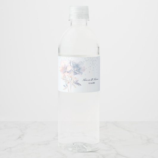 Blaurosa Blume Wasser Flasche Etikett (Vorderseite)