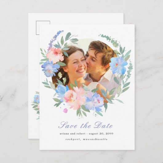 Blaurosa Blumenkraut Hochzeit speichern das Datum Ankündigungspostkarte (Vorne/Hinten)