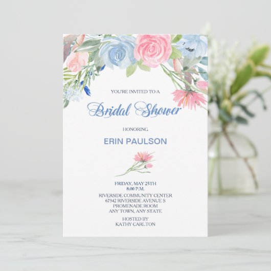 Blaurosa Brautparty einladen Einladung (Stehend Vorderseite)