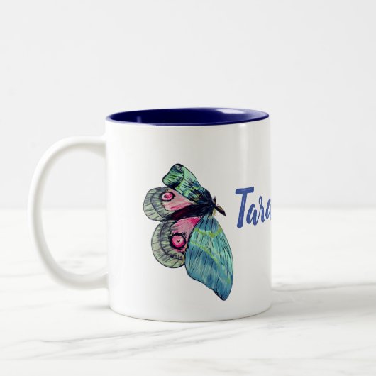 Blaurosa Exotische Schmetterlingsmuster Zweifarbige Tasse (Links)