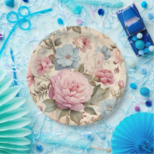 Blaurosa, florale Papierplatte Pappteller (Party)
