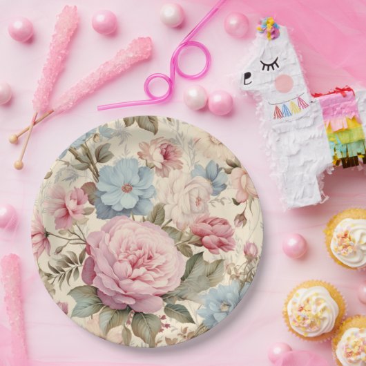 Blaurosa, florale Papierplatte Pappteller (Party)