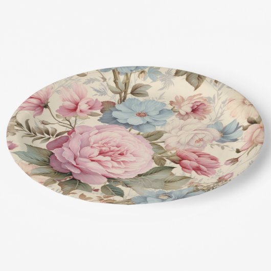 Blaurosa, florale Papierplatte Pappteller (Schrägansicht)