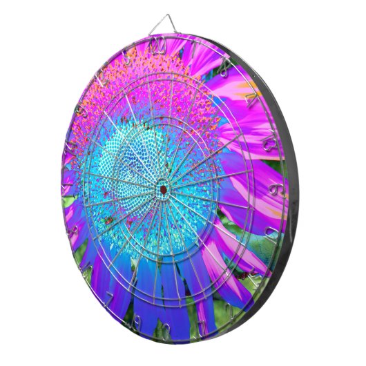 Blaurosa funky Retro-Sonnenblumen Foto Dartscheibe (Vorderseite rechts)