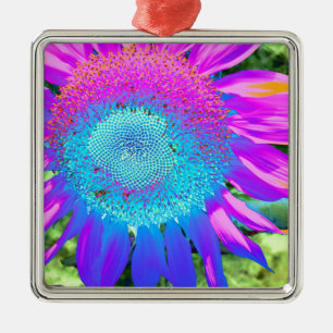 Blaurosa funky Retro-Sonnenblumen Foto Ornament Aus Metall