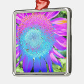 Blaurosa funky Retro-Sonnenblumen Foto Ornament Aus Metall (Links)