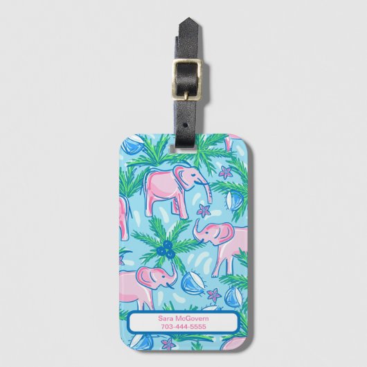 Blaurosa Grüner Preppy-Elefant Gepäckanhänger (Vorderseite Vertikal)