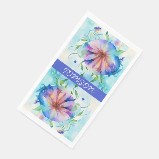 Blaurosa Konvolvulum, Aquarellfarbe Serviette (Ecke)