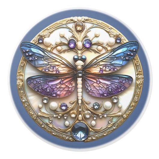 Blaurosa Libelle Perlen Wertvolle Steine Keramikknauf (Vorderseite)