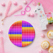 Blaurosa lila-orange-gelbe karierte Servietten Pappteller (Party)