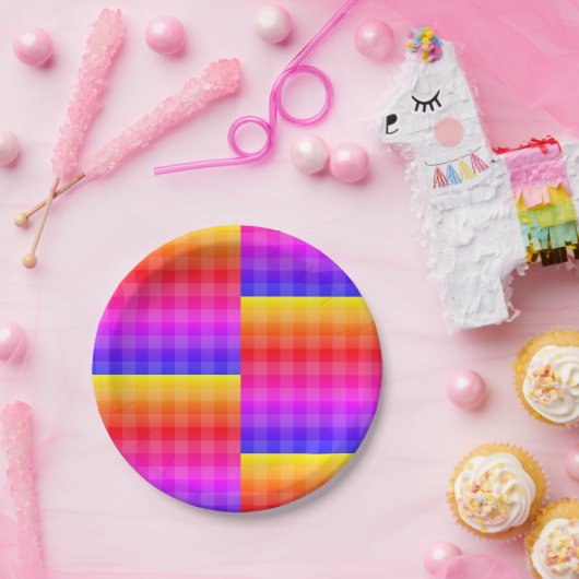 Blaurosa lila-orange-gelbe karierte Servietten Pappteller (Party)