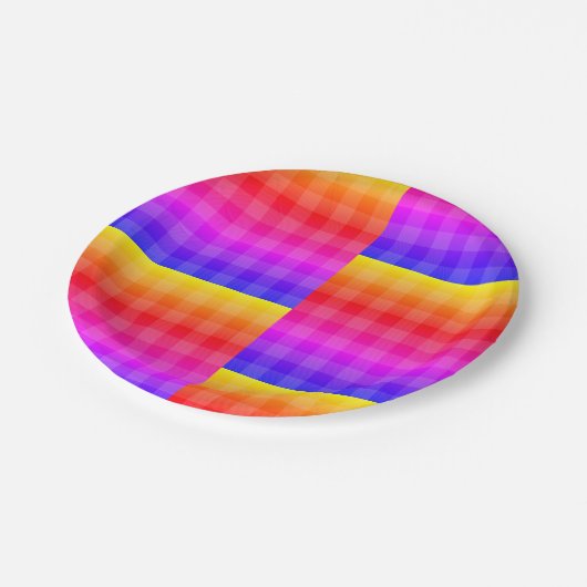 Blaurosa lila-orange-gelbe karierte Servietten Pappteller (Schrägansicht)