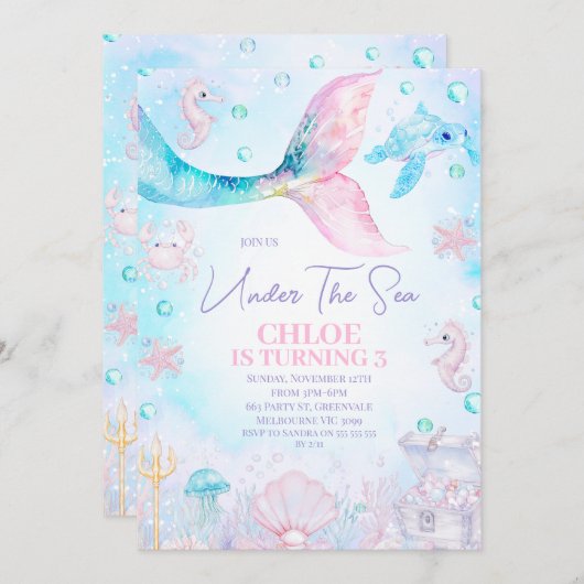 Blaurosa Meerjungfrau Schwanz unter dem Meer Gebur Einladung (Vorne/Hinten)