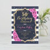 Blaurosa Navy Foto 50. Geburtstag Einladung (Stehend Vorderseite)