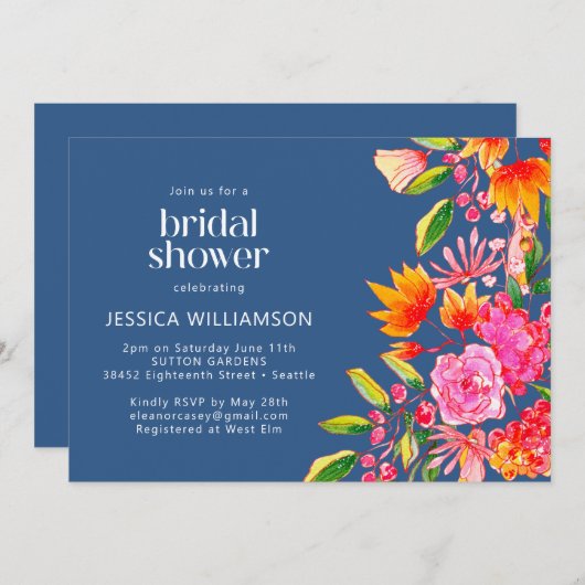 Blaurosa Orangefarbenes Brautparty Einladung (Vorne/Hinten)