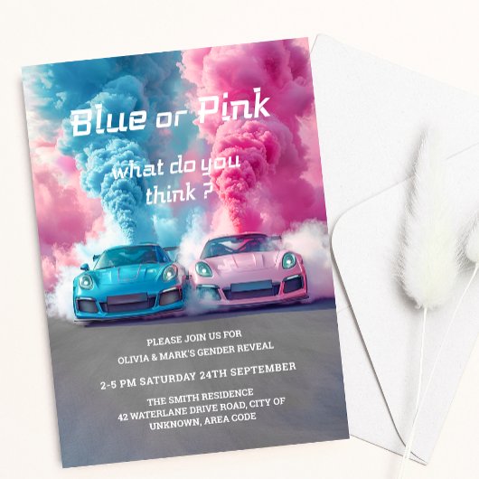 Blaurosa Race Car Burnouts Gender Reveal Einladung