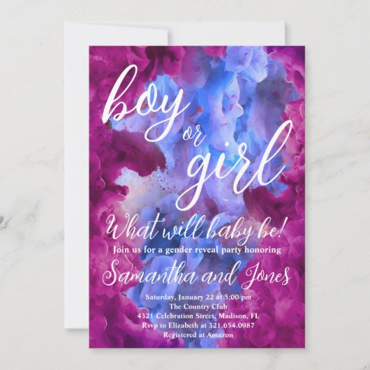 Blaurosa Rauchergeschlecht offenbartes Party Einladung (Vorderseite)