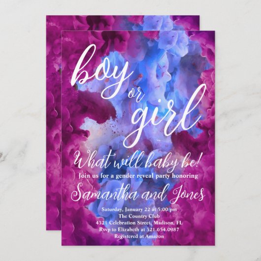 Blaurosa Rauchergeschlecht offenbartes Party Einladung (Vorne/Hinten)