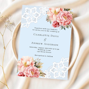 Blaurosa Rosengoldflorale Hochzeit Einladung