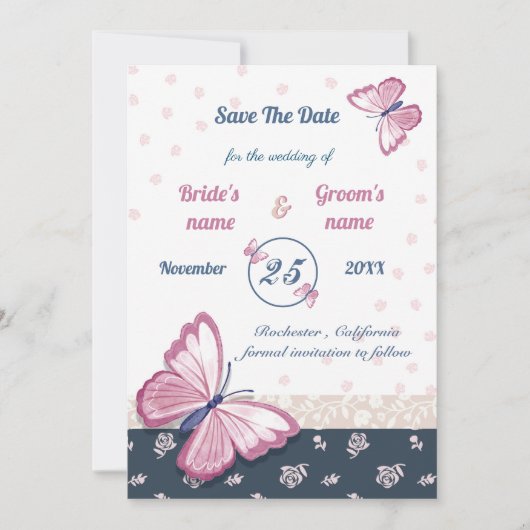 Blaurosa Schmetterlinge Save the Date Karte (Vorderseite)