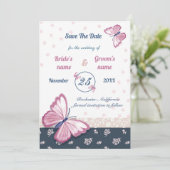 Blaurosa Schmetterlinge Save the Date Karte (Stehend Vorderseite)