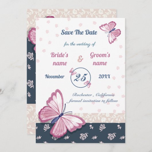 Blaurosa Schmetterlinge Save the Date Karte (Vorne/Hinten)