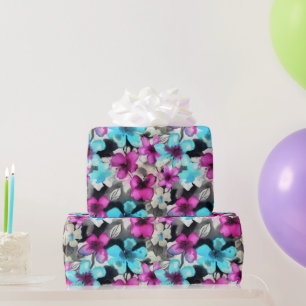 Blaurosa Schwarz Blume Muster Geschenkpapier