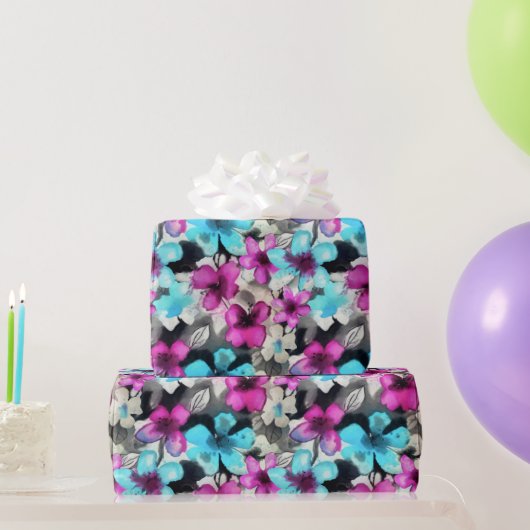 Blaurosa Schwarz Blume Muster Geschenkpapier (Partygeschenke)