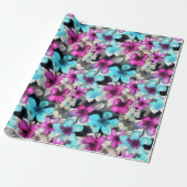Blaurosa Schwarz Blume Muster Geschenkpapier (Ungerollt)