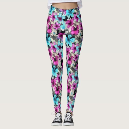 Blaurosa Schwarz Blume Muster Leggings (Vorderseite)